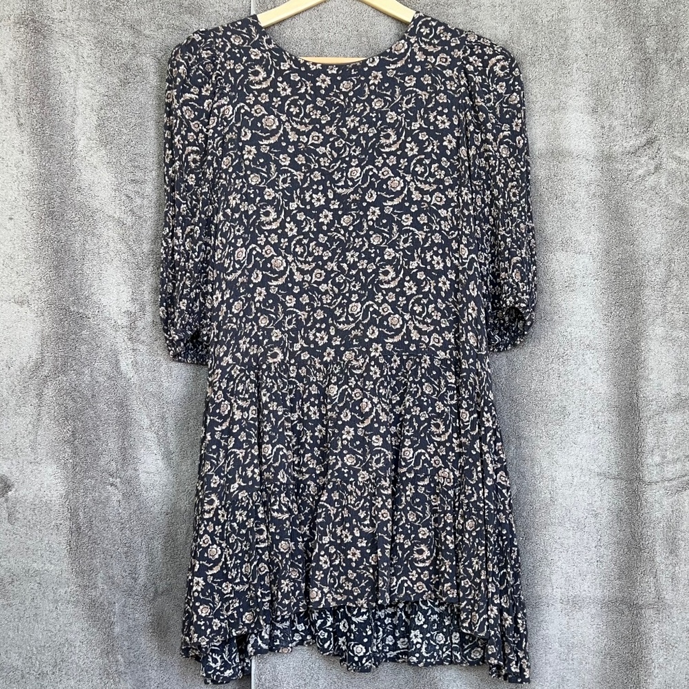 Böhme Women Floral Tiered 3/4 Sleeve Prairie Dress Sz S Spring Blue Cream White